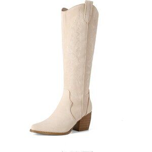 Dream Pairs Women's Beige Embroidered Cowboy Boot Wide Calf Comfortable Pull On